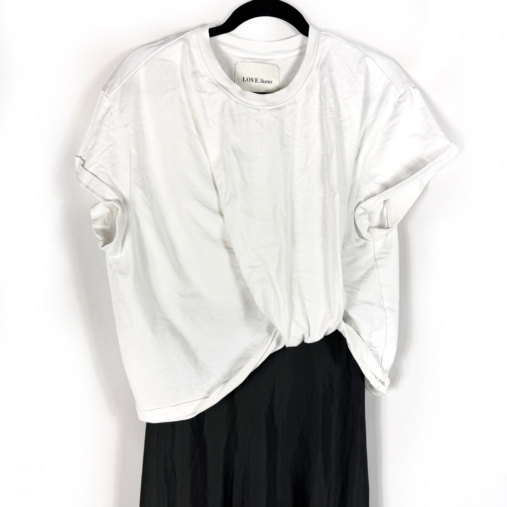 Love Stories Ann T-Shirt Dress Satin Lace Midi White Black Women Sz M - Picture 8 of 16